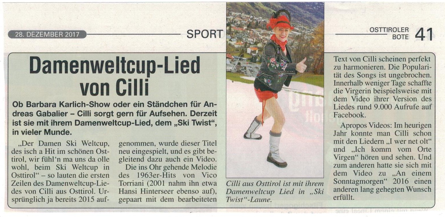 Damenweltcup- Lied in Osttiroler Bote 28.12.17